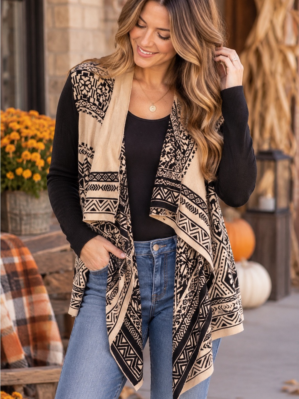 Lucky Brand Aztec Southwestern Draped Cardigan Sweater Black Tan L